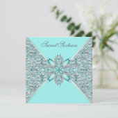 ティール（緑がかった色）ブルーシルバーSweet sixteen誕生会 招待状 (スタンド正面)