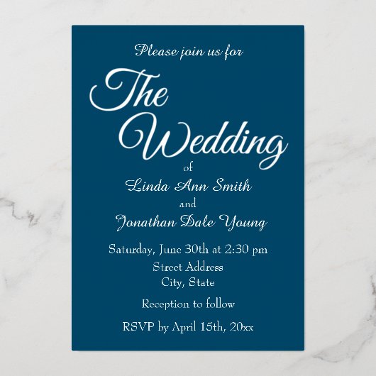 ティール(緑がかった色)ブルーシンプルスタイル結婚ズ 箔招待状 (正面)