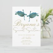 ティール（緑がかった色）ブルーシーウミガメビーチ金ゴールドスウィート16パーティー 招待状 (スタンド正面)