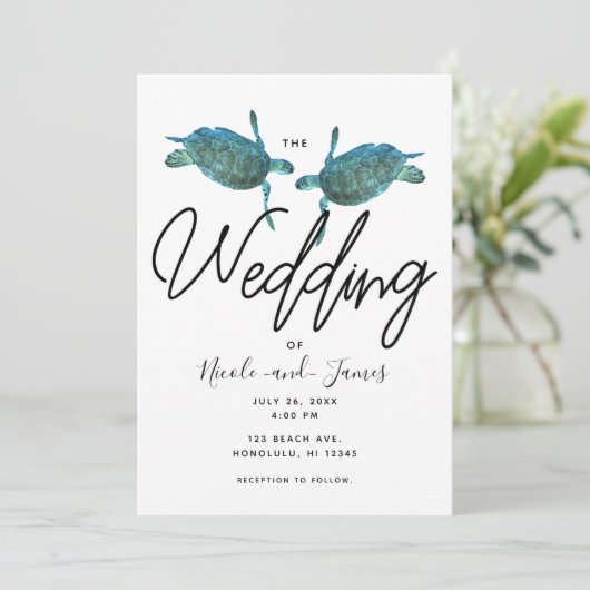 ティール（緑がかった色）ブルーシーウミガメ海エレガントビーチ結婚式 招待状 (スタンド正面)