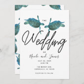 ティール(緑がかった色)ブルーシーウミガメ海エレガントビーチ結婚式 招待状 (正面/裏面)