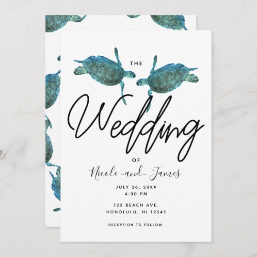 ティール(緑がかった色)ブルーシーウミガメ海エレガントビーチ結婚式 招待状 (正面/裏面)