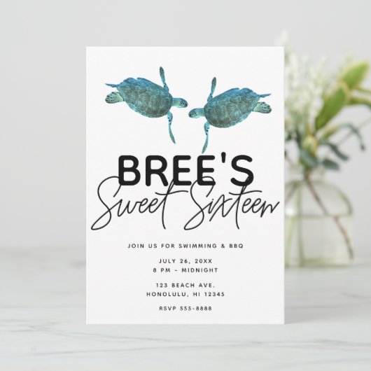 ティール（緑がかった色）ブルーシーウミガメ海ビーチスウィート16パーティーI 招待状 (スタンド正面)