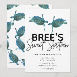 ティール（緑がかった色）ブルーシーウミガメ海ビーチスウィート16パーティーI 招待状