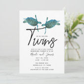 ティール(緑がかった色)ブルーシーウミガメ海ベビーシャワーツイン 招待状 (スタンド正面)