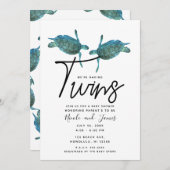 ティール(緑がかった色)ブルーシーウミガメ海ベビーシャワーツイン 招待状 (正面/裏面)