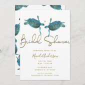 ティール(緑がかった色)ブルーシーウミガメ金ゴールドビーチブライダルシャワー 招待状 (正面/裏面)