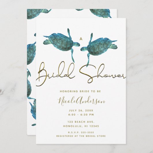 ティール（緑がかった色）ブルーシーウミガメ金ゴールドビーチブライダルシャワー 招待状 (正面/裏面)