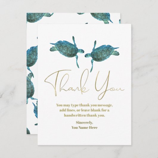 ティール（緑がかった色）ブルーシーウミガメ金ゴールドビーチ結婚式サンキュー 招待状 (正面/裏面)