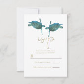 ティール（緑がかった色）ブルーシーウミガメ金ゴールドビーチ結婚式RSVP 招待状 (正面)