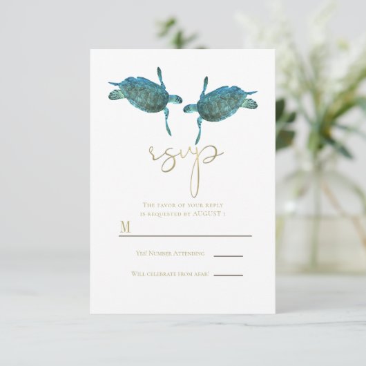 ティール（緑がかった色）ブルーシーウミガメ金ゴールドビーチ結婚式RSVP 招待状 (スタンド正面)