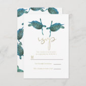 ティール（緑がかった色）ブルーシーウミガメ金ゴールドビーチ結婚式RSVP 招待状 (正面/裏面)