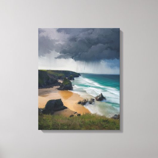 ティール（緑がかった色）ブルーシーコーンウォール上空の現実的な嵐の雲 キャンバスプリント (正面)