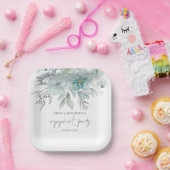 ティール(緑がかった色)ブルーシーミスト花模様スクリプト婚約パーティ ペーパープレート (パーティー)