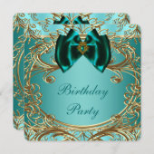 ティール（緑がかった色）ブルージェイドアンド金ゴールドバースデーパーティー 招待状 (正面/裏面)