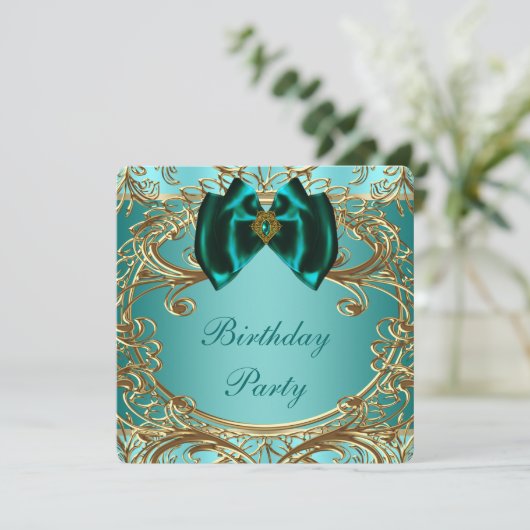 ティール(緑がかった色)ブルージェイドアンド金ゴールドバースデーパーティー 招待状 (スタンド正面)