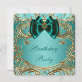 ティール（緑がかった色）ブルージェイドアンド金ゴールドバースデーパーティー 招待状 (正面)