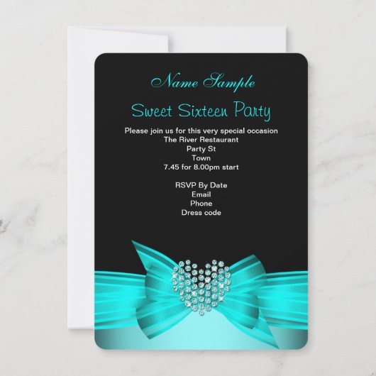 ティール（緑がかった色）ブルースウィート16誕生日パーティーダイヤモンド写真2 招待状 (裏面)