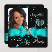 ティール（緑がかった色）ブルースウィート16誕生日パーティーダイヤモンド写真 招待状 (正面/裏面)