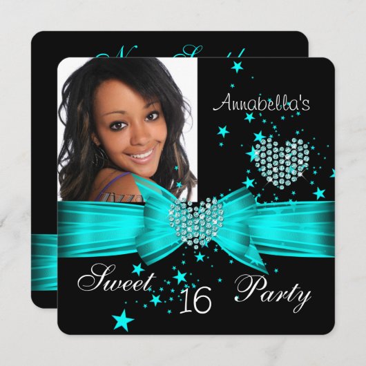 ティール(緑がかった色)ブルースウィート16誕生日パーティーダイヤモンド写真 招待状 (正面/裏面)