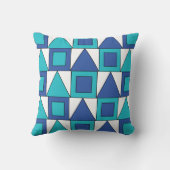 ティール(緑がかった色)ブルースクエアトライアングルジオメトリ クッション (裏面)