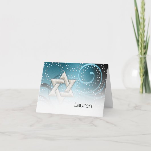 ティール（緑がかった色）ブルースター・オブ・ザ・ダビデとクリスタル・サンキュー サンキューカード (正面)