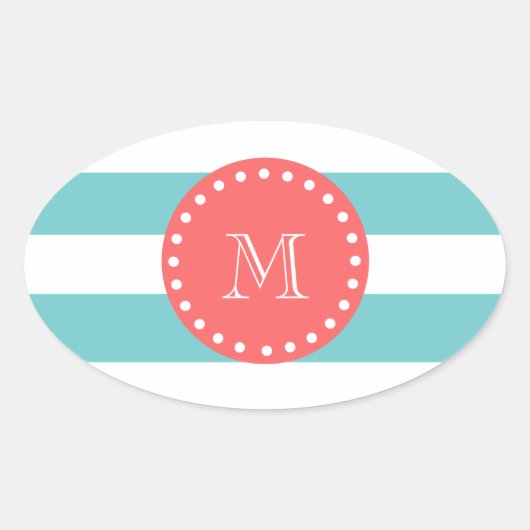 ティール（緑がかった色）ブルーストライプホワイト模様コーラルモノグラム 楕円形シール (正面)