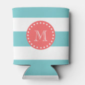 ティール(緑がかった色)ブルーストライプホワイト模様コーラルモノグラム 缶クーラー (裏面)