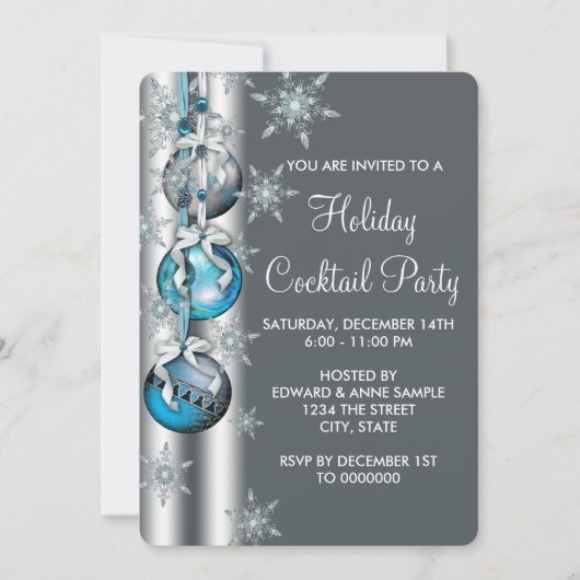 ティール（緑がかった色）ブルースノーフレークオーナメントクリスマスパーティー 招待状 (正面)