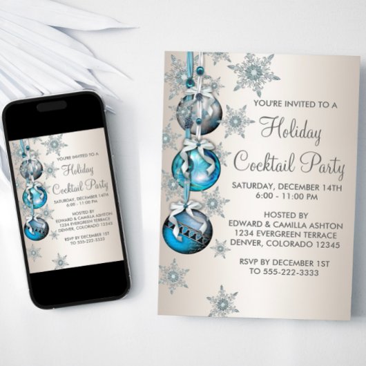 ティール（緑がかった色）ブルースノーフレークオーナメントクリスマスパーティー 招待状