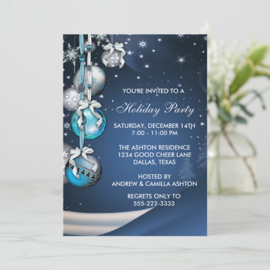 ティール（緑がかった色）ブルースノーフレークオーナメントクリスマスパーティー 招待状 (スタンド正面)