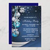 ティール(緑がかった色)ブルースノーフレークオーナメントクリスマスパーティー 招待状 (正面/裏面)