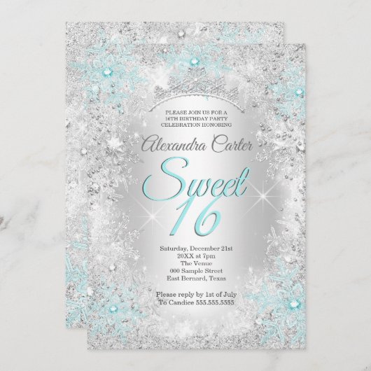 ティール(緑がかった色)ブルースノーフレークスウィート16バースデーパーティー 招待状 (正面/裏面)