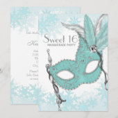ティール(緑がかった色)ブルースノーフレークスウィート16マスカレードパーティー 招待状 (正面/裏面)