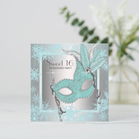 ティール（緑がかった色）ブルースノーフレークスウィート16マスカレードパーティー 招待状 (スタンド正面)