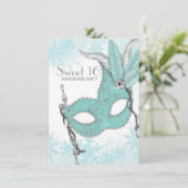 ティール（緑がかった色）ブルースノーフレークスウィート16マスカレードパーティー 招待状 (スタンド正面)