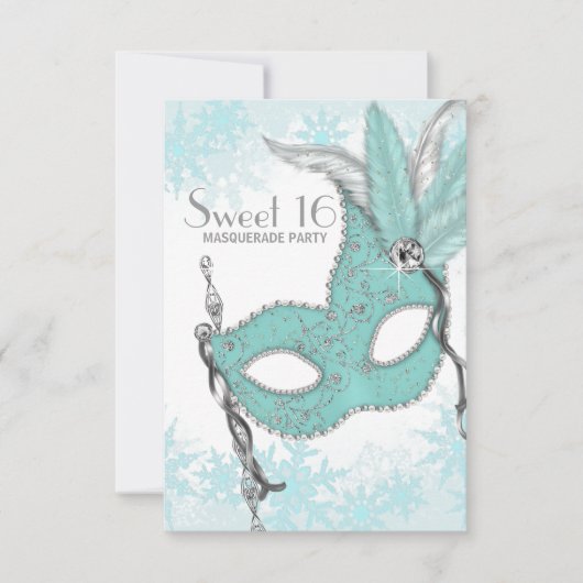 ティール(緑がかった色)ブルースノーフレークスウィート16マスカレードパーティー 招待状 (正面)