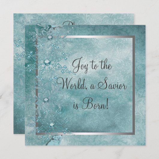 ティール（緑がかった色）ブルースノーフレークスクリスチャンクリスマスパーティー 招待状 (正面/裏面)