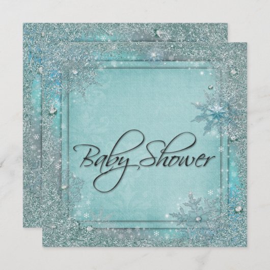 ティール(緑がかった色)ブルースノーフレークベビーシャワー 招待状 (正面/裏面)