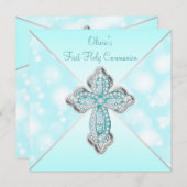 ティール（緑がかった色）ブルースパークルファーストホーリーコミュニオン 招待状 (正面/裏面)