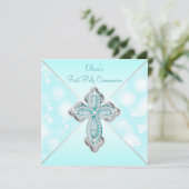 ティール（緑がかった色）ブルースパークルファーストホーリーコミュニオン 招待状 (スタンド正面)