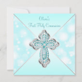 ティール（緑がかった色）ブルースパークルファーストホーリーコミュニオン 招待状 (正面)