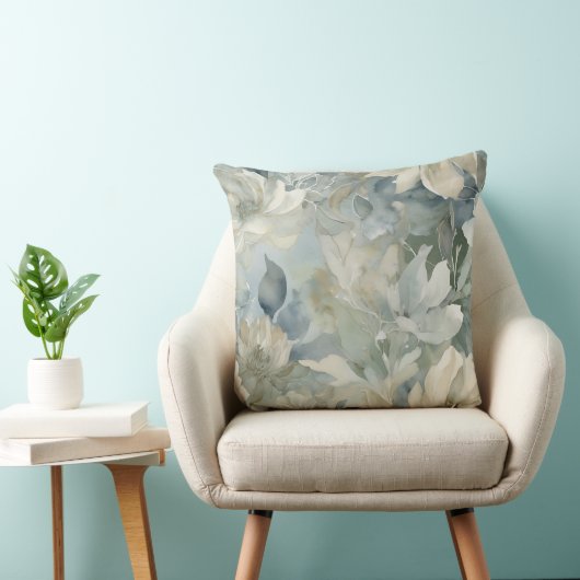 ティール(緑がかった色)ブルーセージ緑ベージュウォーターフローラ クッション (椅子)