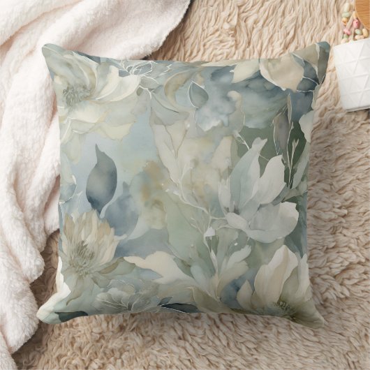 ティール(緑がかった色)ブルーセージ緑ベージュウォーターフローラ クッション (ブランケット)