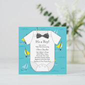 ティール（緑がかった色）ブルーセーリングボート男の赤ちゃんシャワー 招待状 (スタンド正面)