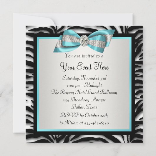 ティール（緑がかった色）ブルーゼブラすべての行事パーティの招待状 招待状 (裏面)