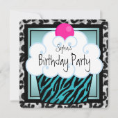 ティール(緑がかった色)ブルーゼブラカップケーキバースデーパーティー 招待状 (正面)