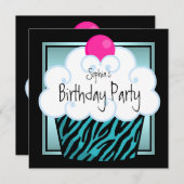 ティール(緑がかった色)ブルーゼブラガールズカップケーキバースデーパーティー 招待状 (正面/裏面)