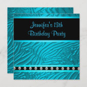 ティール(緑がかった色)ブルーゼブラガールズ13thバースデーパーティー 招待状 (正面/裏面)