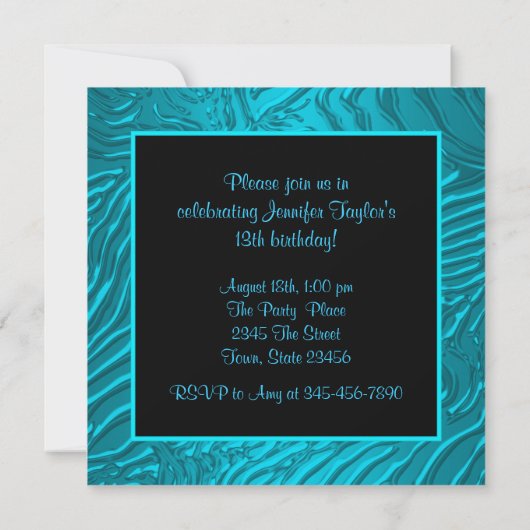 ティール(緑がかった色)ブルーゼブラガールズ13thバースデーパーティー 招待状 (裏面)